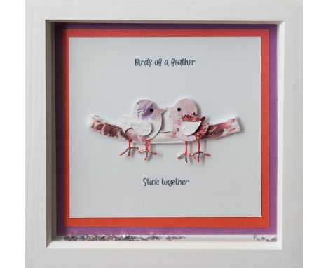 “Birds of a feather stick together“ picture made with the fabric of Linda Robson’s bra, in a wooden frame Approx size 23cm x 