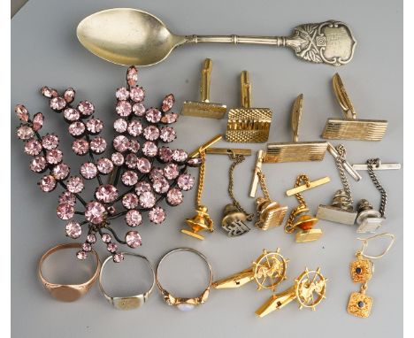 9 ct gold signer ring (5g), white metal signet ring, silver Rolls Royce stud, opal dress ring, etc