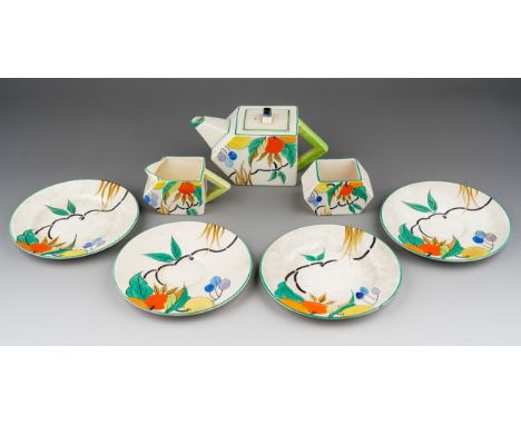 An Art Deco Royal Bourbon pattern 5968, Reg No.: 733996 tea pot, milk jug, sugar bowl together with two saucers and two plate