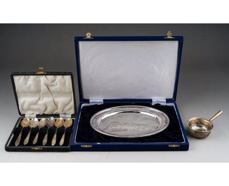 A collection of silver to include: Modern oblong shaped presentation dish, embossed with a large clubhouse to centre, hallmar