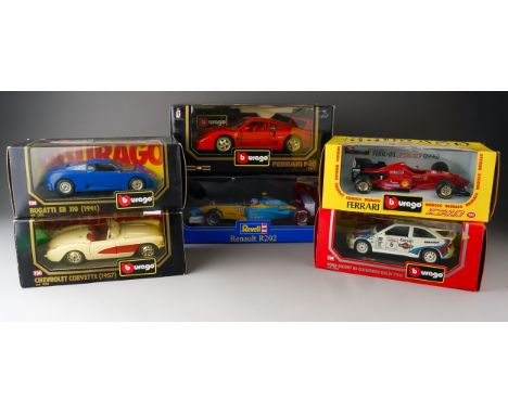 A collection of die cast model cars to include: Revell - Renault R202 1:18 and Burago: a 1:18 Ferrari F40 (1987), a 1:24 diec