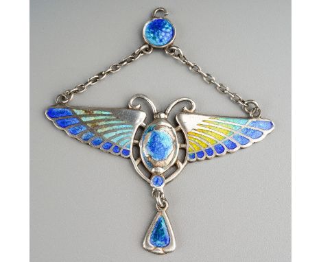 Charles Horner: an Art Nouveau Egyptian Revival silver and polychrome enamel winged scarab pendant with enamel drop and chain
