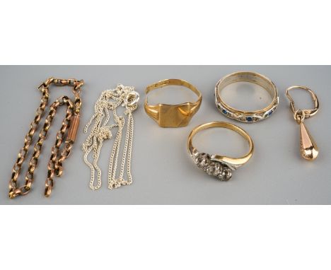 Collection of gold items to include 9 ct gold 3 stone ring,  9 ct diamond and sapphire eternity ring, 20 ct ( marked 835) whi