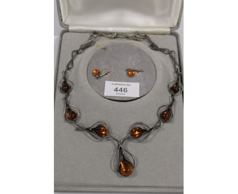 A SHIPTON &amp; CO VINTAGE SILVER AND TEAR DROP AMBER NECKLACE AND EARRING SET IN ORIGINAL BOX 