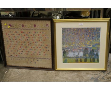 A LARGE FRAMED TAPESTRY / SAMPLER DATED 1930 AND A GUSTAV KLIMT PRINT (2)