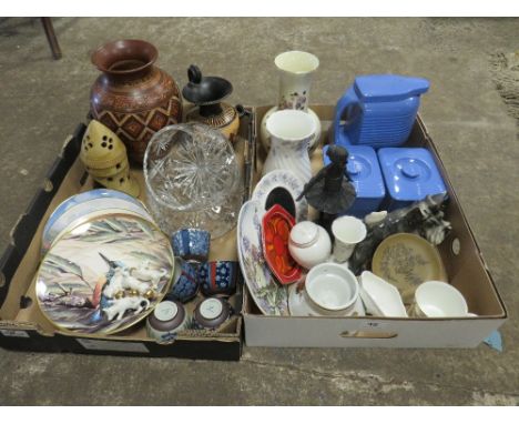 TWO TRAYS OF ASSORTED CERAMICS &amp; GLASSWARE TO INCLUDE POOLE DELPHIS SMALL DISH, ZOLNAY PECS VASE, HALL CHINA Co USA VINTA