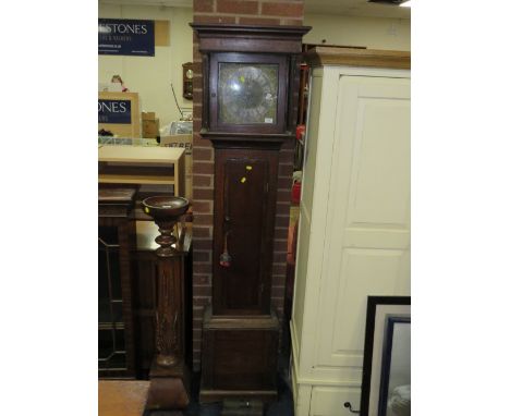 AN ANTIQUE OAK BRASS FACED LONGCASE CLOCK BY THOMAS VERNON OF LUDLOW - WITH EIGHT DAY MOVEMENT - WEIGHTS