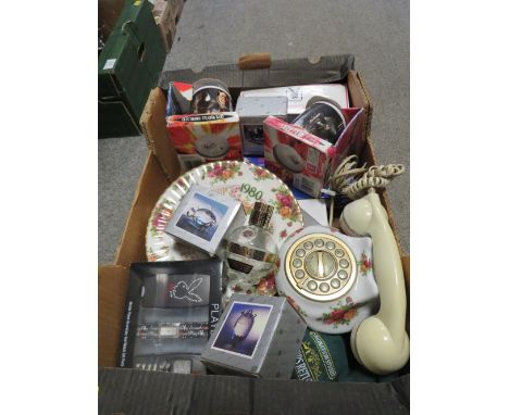 A TRAY OF VINTAGE COLLECTABLE'S INCLUDE PLAYBOY BOXED ITEMS, ROYAL ALBERT TELEPHONE AND PLATE, BOXED CRYSTAL ETC 