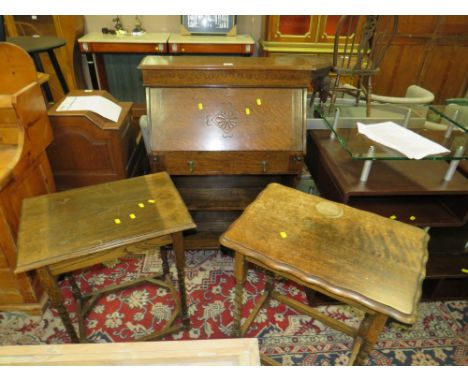 A VINTAGE OAK STUDENTS BUREAU AND TWO BARLEY TWIST TABLES