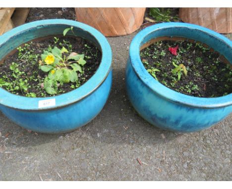 A PAIR OF EXTRA LARGE BLUE CERAMIC GARDEN PLANTERS