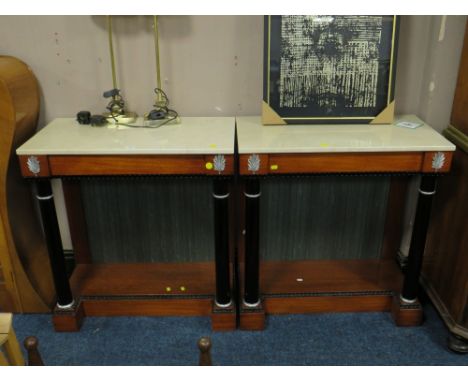 A PAIR OF MODERN MARBLE TOPPED CONSOLE TABLES IN THE EMPIRE STYLE 84 X 80 CM (2)
