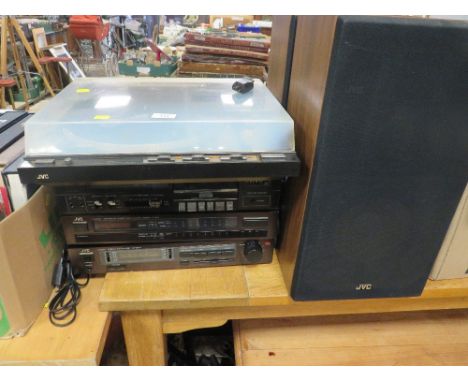 A VINTAGE JVC STACKING STEREO SYSTEM TO INCLUDE AN INTEGRATED AMP FLIER, TOGETHER WITH JVC TURNTABLE A/F AND A PAIR OF JVC SP
