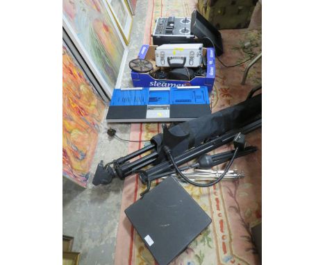 A QUANTITY OF COLLECTABLE'S TO INCLUDE A REEL TO REEL PLAYER, VIDEO CAMERA, CD DECK, MUSIC STANDS ETC 