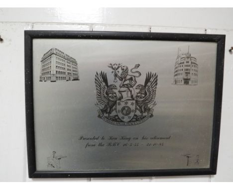 A VINTAGE SIGN PRESENTED TO KEN KING ON HIS RETIREMENT FROM THE BBC 16/5/55 - 31/10/84