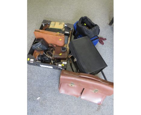 A TRAY OF SUNDRIES TO INCLUDE FISHING REELS, CAMERAS, VIDEO CAMERA  ETC 