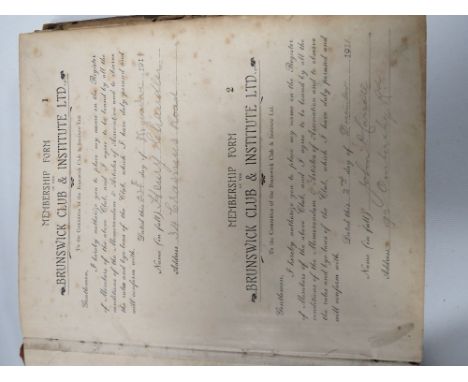 A VINTAGE BOOK CONTAINING MEMBERSHIP FORMS FOR THE BRUNSWICK CLUB &amp; INSTITUTE LTD