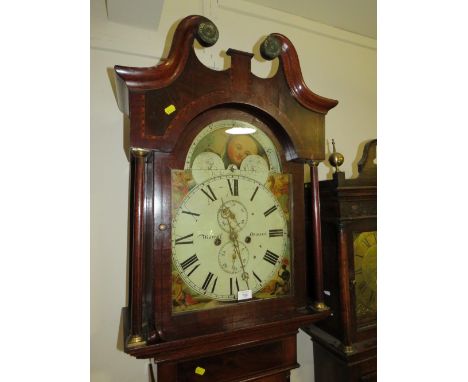 AN ANTIQUE OAK AND MAHOGANY LONGCASE CLOCK WITH MOON ROLLER AND EIGHT DAY MOVEMENT BY MORRELL OF DUDLEY WEIGHTS AND PENDULUM