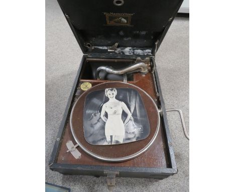 A VINTAGE WIND UP HMV GRAMOPHONE (UNCHECKED) TOGETHER WITH A ALBUM OF 78'S RECORDS 