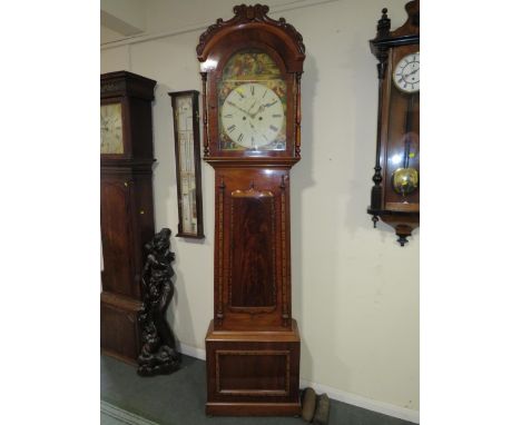 A SCOTTISH 8 DAY LONGCASE CLOCK, the walnut and mahogany case with arched top hood and various boxwood inlay embellishment, t