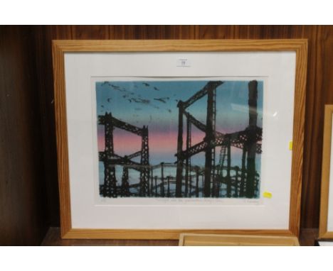 J. RONAY - 'TWILIGHT OVER THE GASOMETERS, KINGS CROSS' FRAMED LITHOGRAPH, 37 X 48 CM