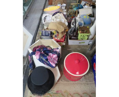 FOUR TRAYS OF CERAMICS AND SUNDRIES TO INCLUDE A BREAD BIN 