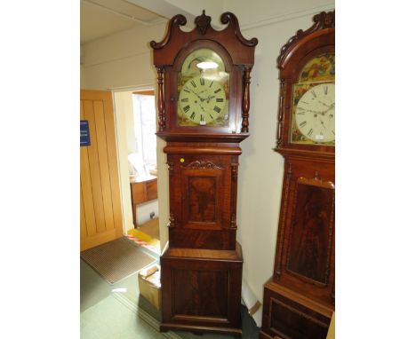 A LARGE ANTIQUE MAHOGANY LONGCASE CLOCK WITH NON FUNCTIONAL MOON ROLLER AND LATER WESTMINSTER CHIME MOVEMENT- WEIGHTS AND PEN