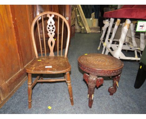 A SMALL VINTAGE HOOPBACK CHAIR AND AN ELEPHANT CARVED TABLE (2)