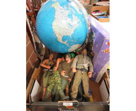 A TRAY OF TOYS ETC TO INCLUDE ACTION MAN FIGURES, DISNEY CHRISTMAS LIGHTS AND GLOBE 