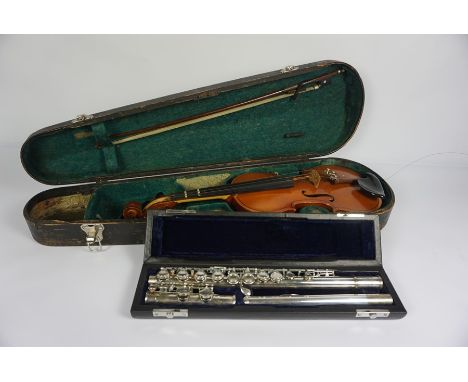 A J Michael, Three Piece Flute, 73cm long, In a Fitted case, Also with a Childs Violin with Bow, After Stradivarius, 53cm lon