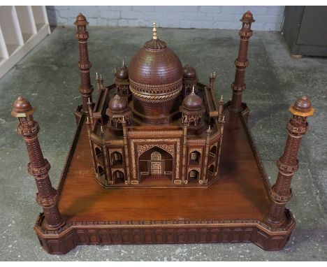 Large Inlaid Hardwood Model of the Taj Mahal, (20th century) 80cm high, Raised on a Table Base, Overall 117cm high, 117cm wid