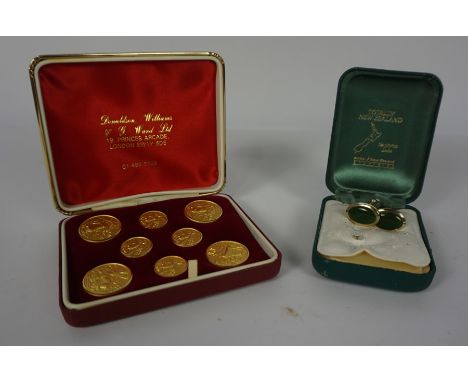 Donaldson Williams of London, Set of Eight Gilt Metal Hunting Buttons, In a Fitted Box, Also with a pair of Nephrite Jade and