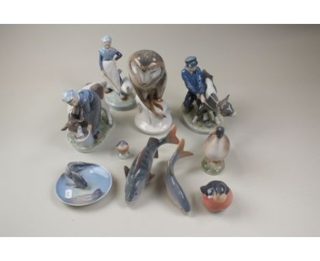 A collection of Royal Copenhagen porcelain figures to include an owl, model 273, a Goose, model 1088, two models of a milkman
