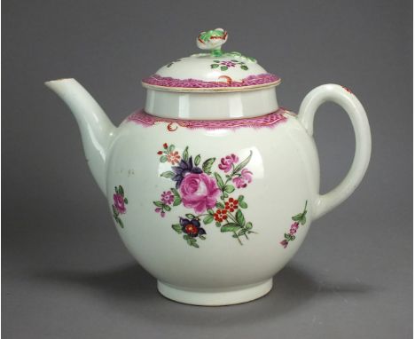 A Caughley polychrome porcelain teapot and cover painted with famille rose flowers, circa 1785-90, unmarked, 17.5cm high (res