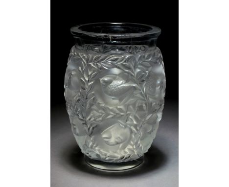 A Lalique 'Bagatelle of Love Birds' vase, clear and frosted glass, engraved 'Lalique France', 17.2cm high