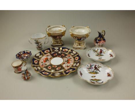 Royal Crown Derby and Derby porcelain imari wares to include a pair of vases on lion paw feet, 10cm high, a miniature mug, 4c