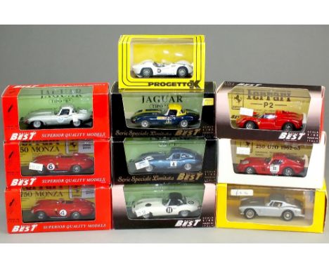 Model Best 1/43 Jaguars and Ferraris: E Type TT 1962, E Type Nürburgring 1963, E type Misano '90, E Type FHC Targa Florio, Fe