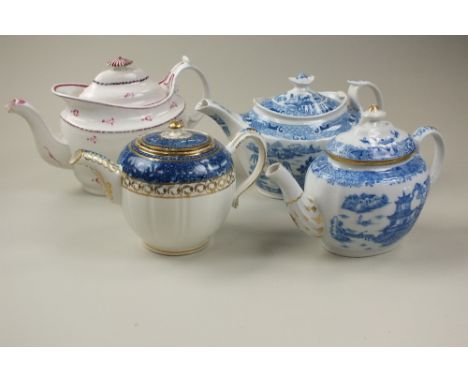 A collection of late 18th/early 20th century teapots, covers and stands, including Caughley and Coalport, several examples tr