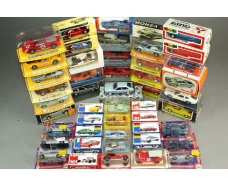 Group of mostly European diecast cars plus Franklin Mint MGTC, boxed Polistil/Politoys M15, Porsche 904, Ford GT, Daytona, E 