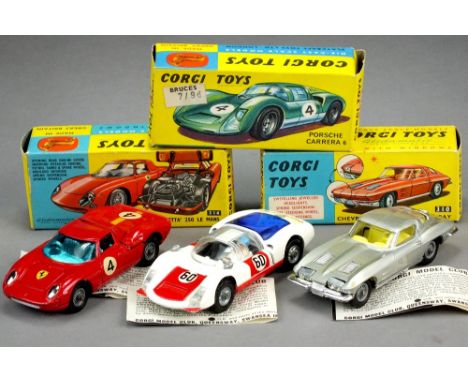 Corgi: No.330 Porsche Carrera 6 in white red and blue, No.314 Ferrari 250 Le Mans Berlinetta No.310 Chevrolet Corvette Sting 