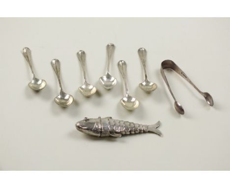 A late 19th century silver articulated fish snuff box, import marks for London 1898, together with a set of six silver coffee