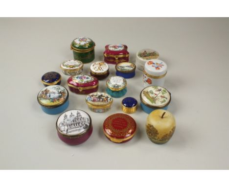 A collection of seventeen pill boxes, including Bilston and Battersea enamel examples