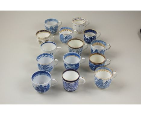 Sixteen late 18th/early 19th century coffee cups, including Caughley and Coalport, examples include a polychrome sprigged cof