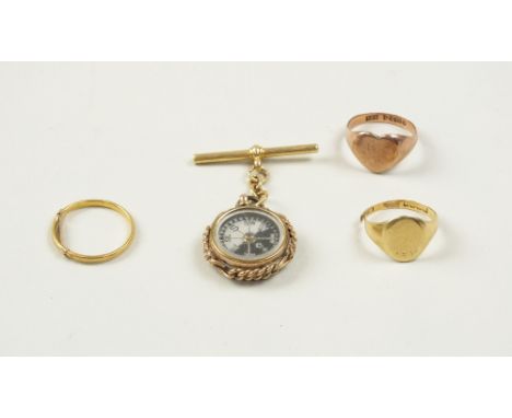 An 18ct gold signet ring (shank split), together with a yellow metal plain polished wedding band (marks rubbed), a 9ct gold h