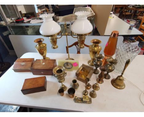 Brassware to include an oil lamp with twin glass shades, Chinese vase, model of an armchair, pair of vases, together with thr