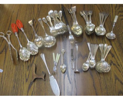 A pair of silver plated serving spoons with lobster claw effect handles, together with mixed cutlery and flatware, some A1 ex