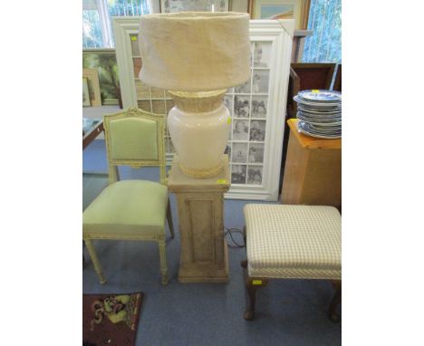 A mixed lot to include a French style chair, table lamp, plinth, two rectangular frames and a 1970s walnut upholstered stool 