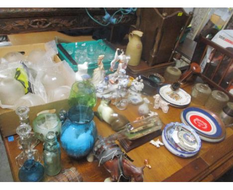 A mixed lot to include records, vintage ceiling light, Stanton pottery, jug, ship in a bottle, and other items 