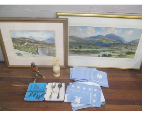 A mixed lot to include G Trevor - watercolour depicting a country landscape, silver plate, Royal Belvedere model of a kingfis