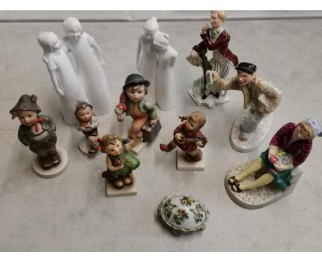 Porcelain figures to include three Wedgwood and Co, five Goebel, and two Coalport, together with a Meissen style pot and cove