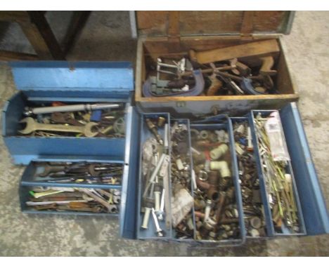 A mixed lot of tools to include clamps, spanners, screws, wood working plane and other items 